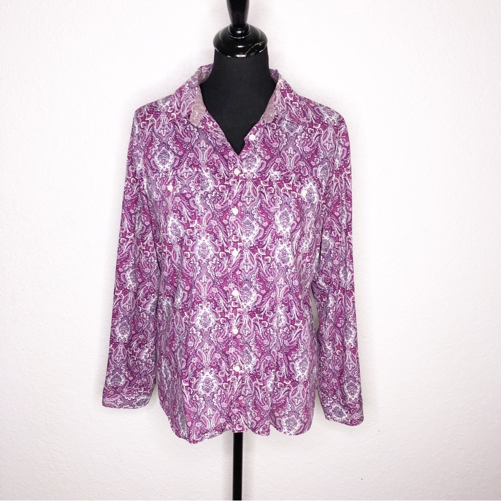 Talbots purple pink white floral mandela print button down top size Large